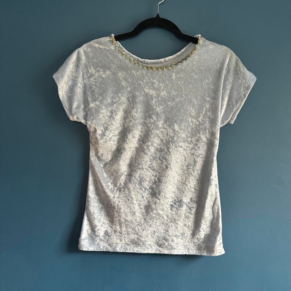 Vintage Velvet Shirt Women's Size Small Blue Silver Ric Rac Retro Groovy Party